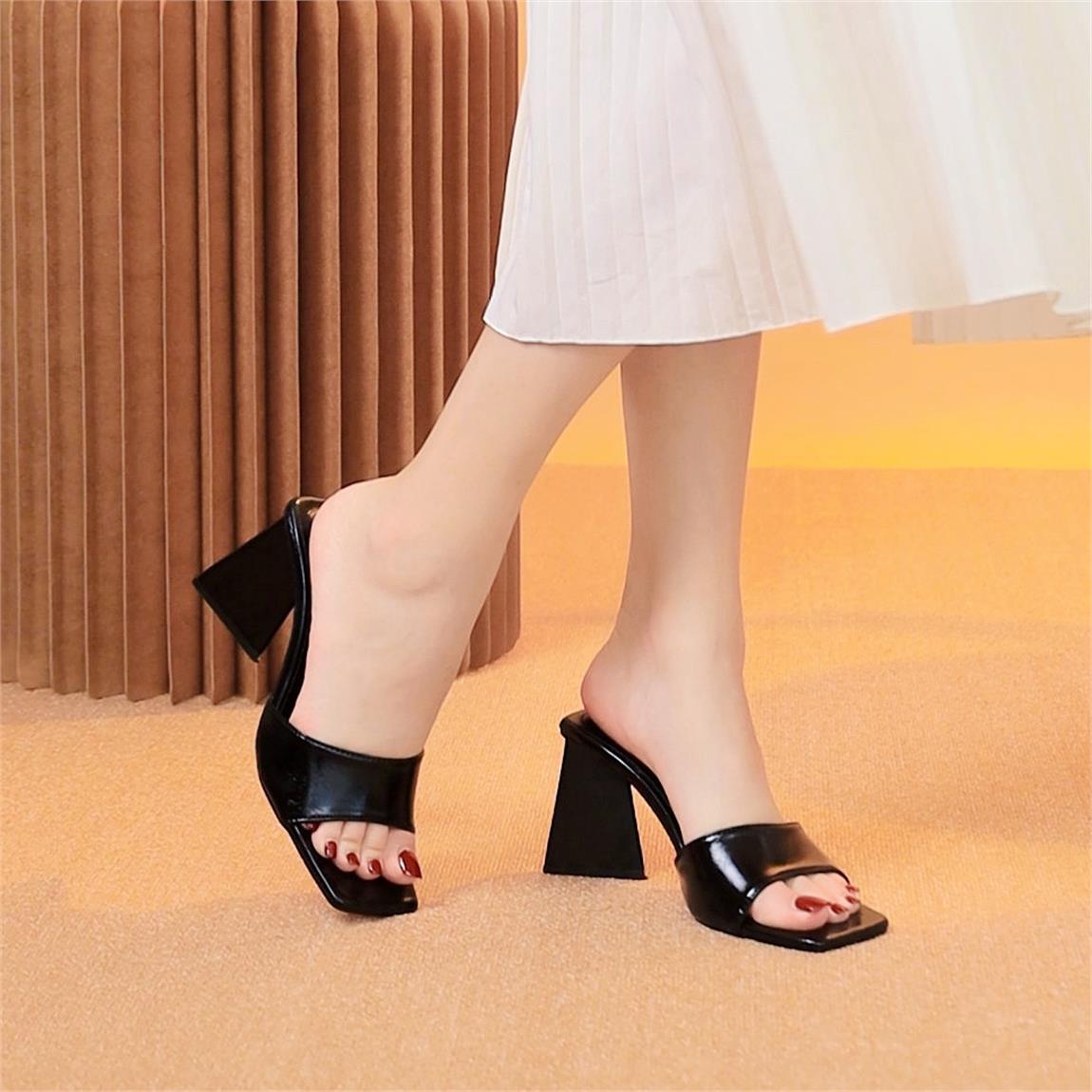 Dép mwc 4314 - guốc cao gót quai ngang mũi vuông đế tam giác 8cm sang chảnh