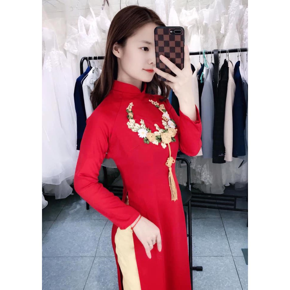Áo dài hoa nổi CHANG May sẵn áo dài truyền thống màu đỏ đính ren ruy băng vàng đồng