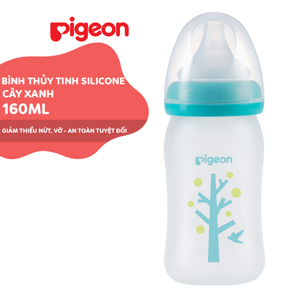 Bình sữa cổ rộng thủy tinh Silicon Pigeon 160ml - Cây xanh (SS)