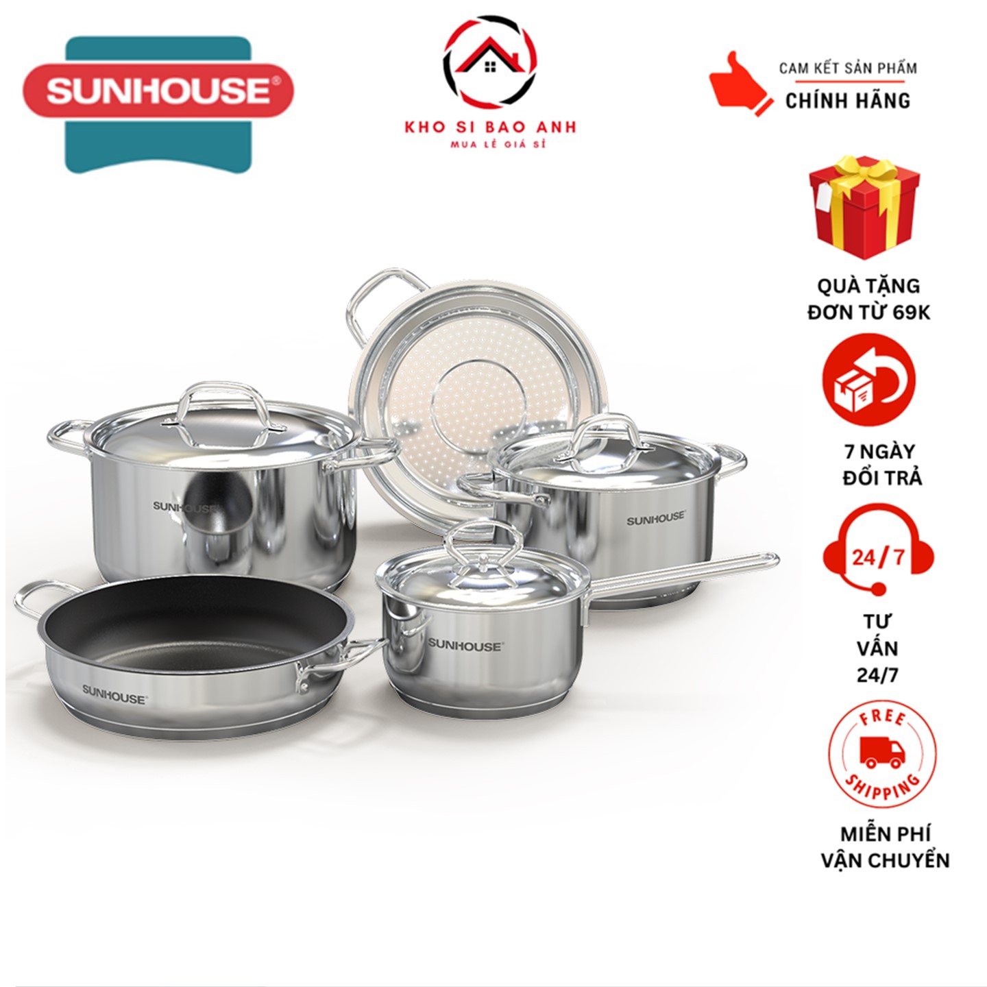 Bộ nồi chảo inox 5 đáy sunhouse shg995 chính hãng,đáy nồi tỏa nhiệt đều, giữ nhiệt tốt,bền đẹp và an toàn với sức khỏe
