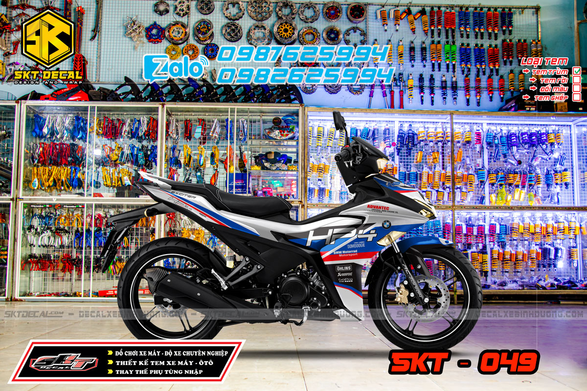 Tem trùm exciter 155 trắng đen xanh đỏ hp4 decal candy cao cấp