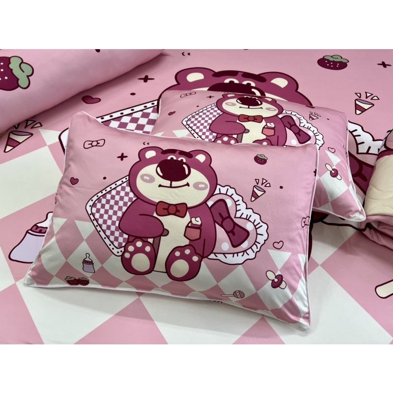 Bộ ga gối gấu dâu ( gấu Lotso ) thun mát lạnh 5D