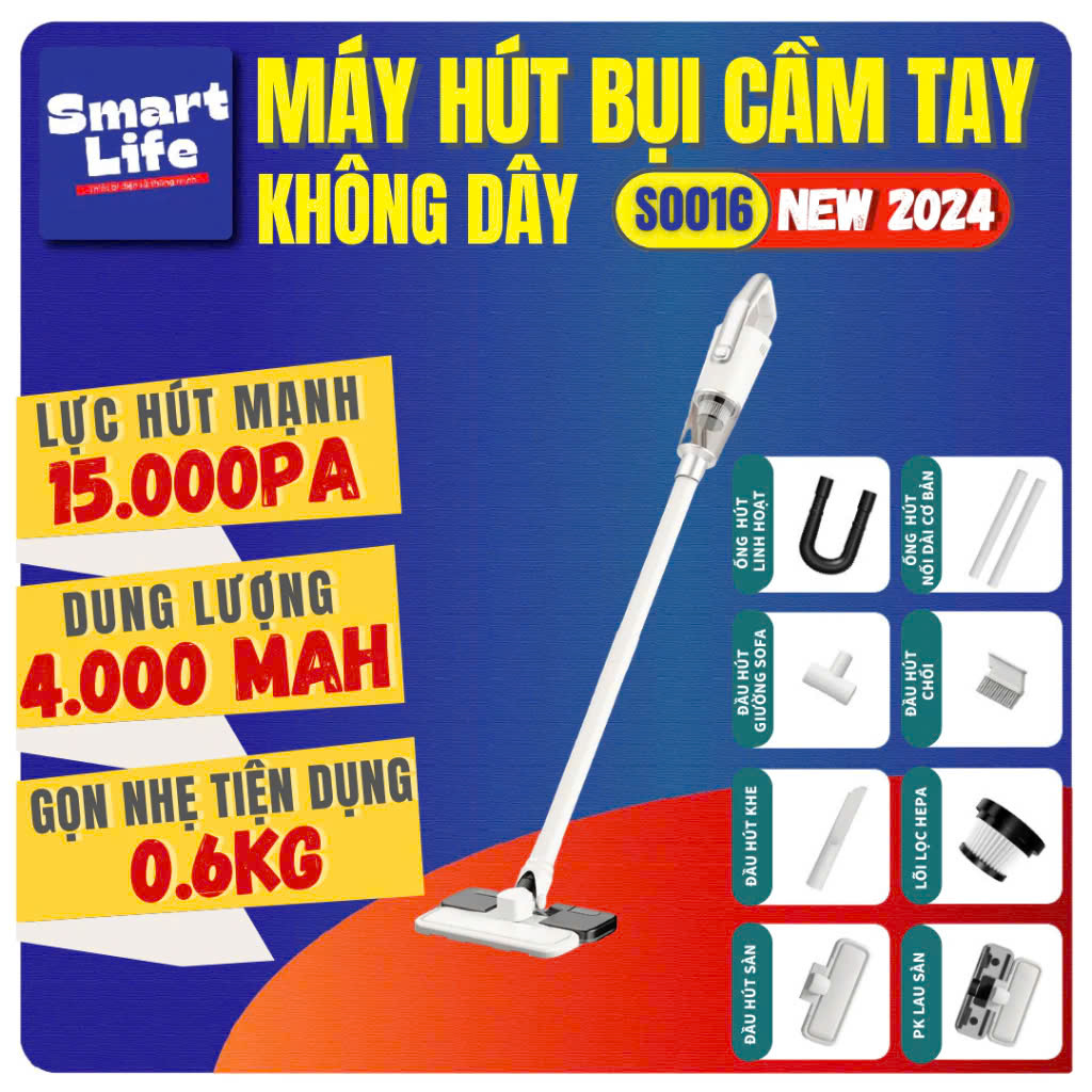 Máy hút bụi cầm tay không dây - HÚT BỤI VÀ LAU NHÀ - Smartlife S0016 lực hút 15000Pa