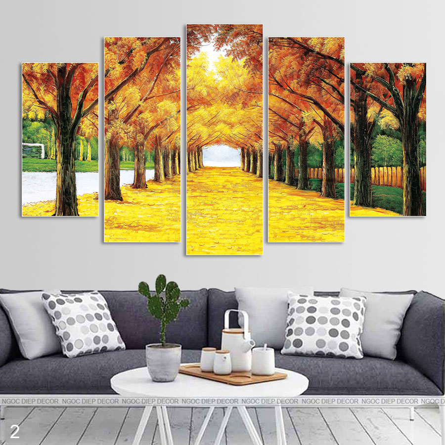 Bộ 5 tấm tranh dán tường 3D hàng cây mùa Thu - Tranh décor phòng khách, phòng ngủ phong cách hiện đại
