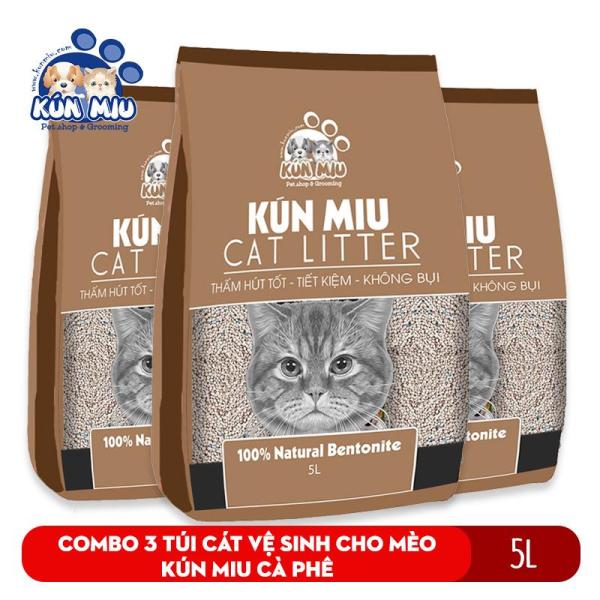Combo 3 túi Cát vệ sinh cho mèo Kún Miu hương cà phê 5L chất liệu bentonite thấm hút và khử mùi hiệu quả