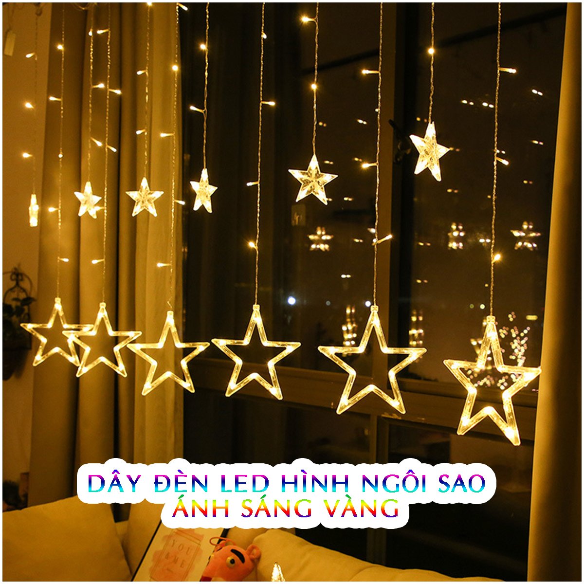 Dây Đèn Hình Ngôi Sao Ánh Sáng Vàng 6 Sao Lớn, 6 Sao Nhỏ Dây Dài 5m