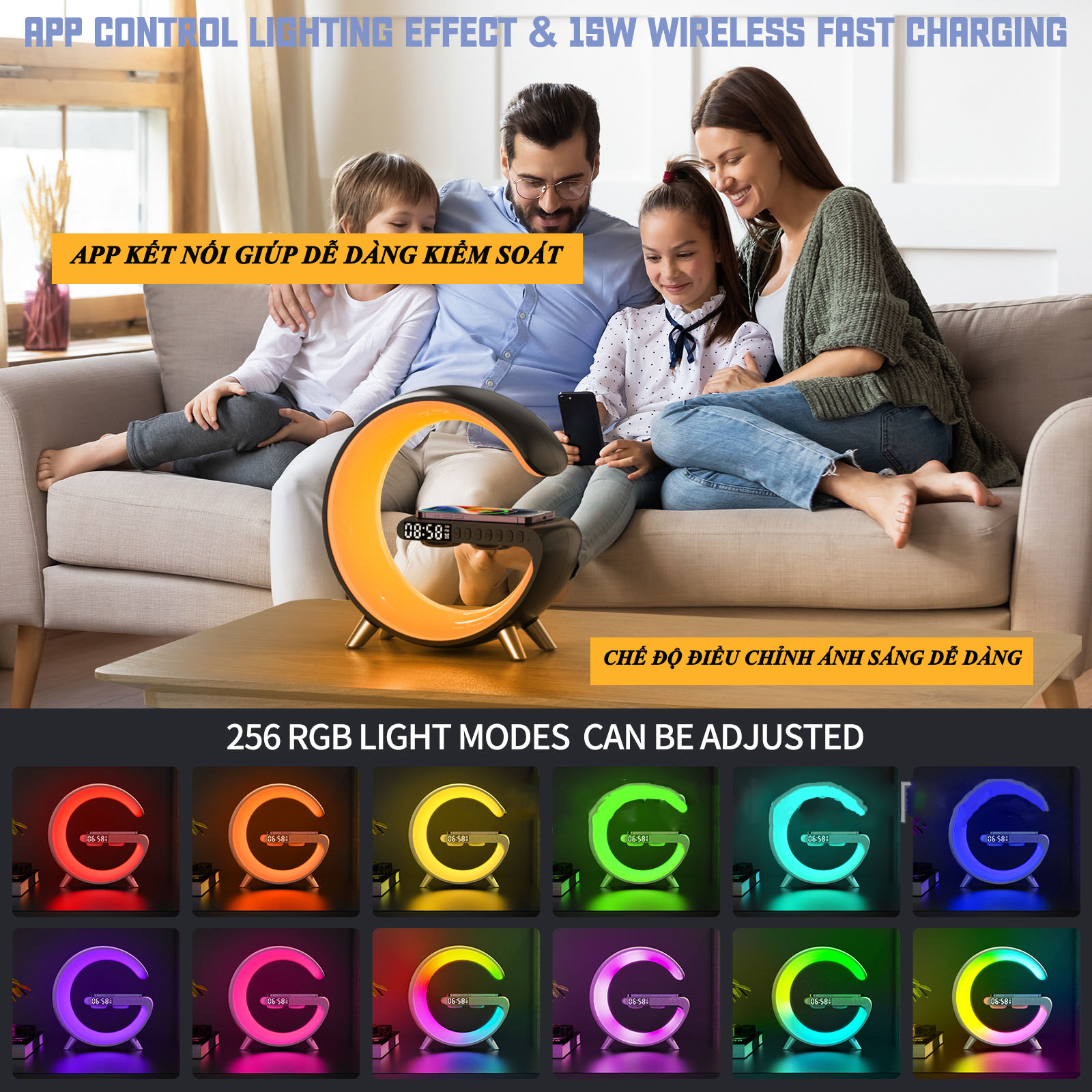 Loa nghe nhạc bluetooth quản lý bằng app , Đèn ngủ decor phòng ngủ đa sắc cảm biến theo nhạc, Đế sạc dự phòng không dây siêu tiện lợi, Đồng hồ báo thức thông minh hình chữ G NIMOCHA