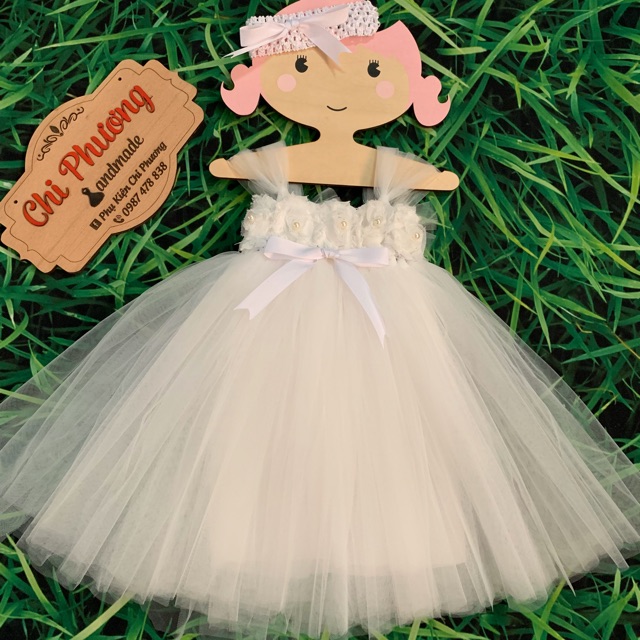 Váy tutu cho bé trắng hoa 3D