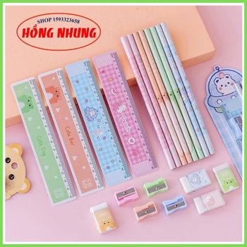 [ Sale Lớn] Bộ Combo Học Tập Xinh Xắn ( 2 Bút Chì, 1 Cục Gôm, 1 Thước, 1 Đồ Chuốt)