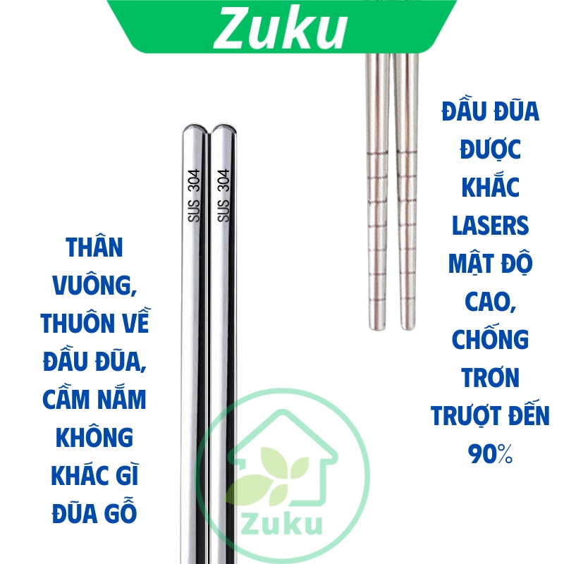 Đũa inox vuông chống trượt, đũa ăn cơm cao cấp, set 5 đôi