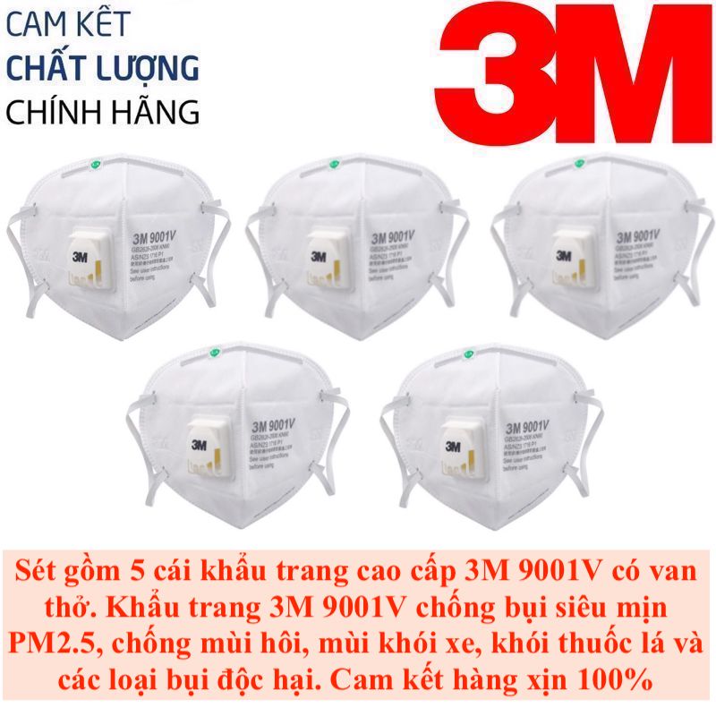 Sét gồm 5 Khẩu trang 3M 9001V chất liệu vải không dệt cao cấp, có van thở 1 chiều, chống bụi siêu mịn PM2.5, chống các loại bụi gây hại cho hệ hô hấp, chống virus cảm cúm, chống mùi khói xe, mùi khói, mùi hôi