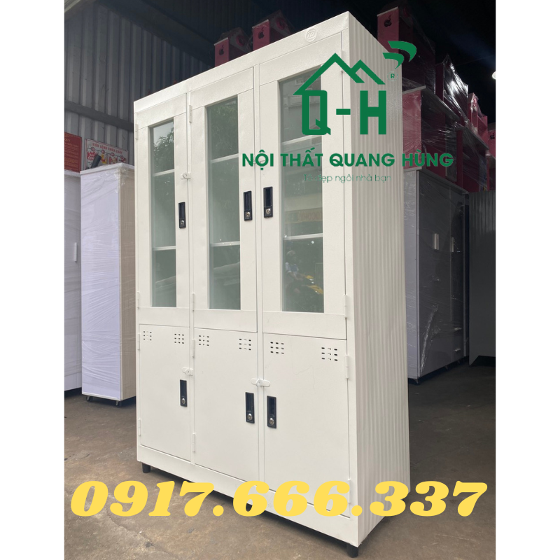 Tủ hồ sơ sắt tĩnh điện 1m75x1m2 màu trắng 3 cửa kính