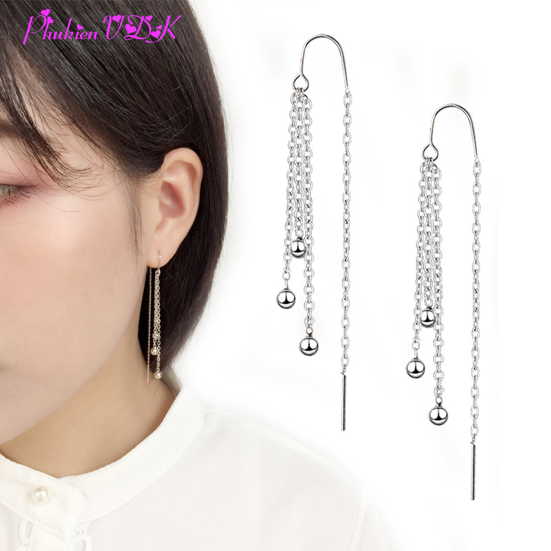 Bông tai nữ dáng dài tua rua dây xích hạt tròn