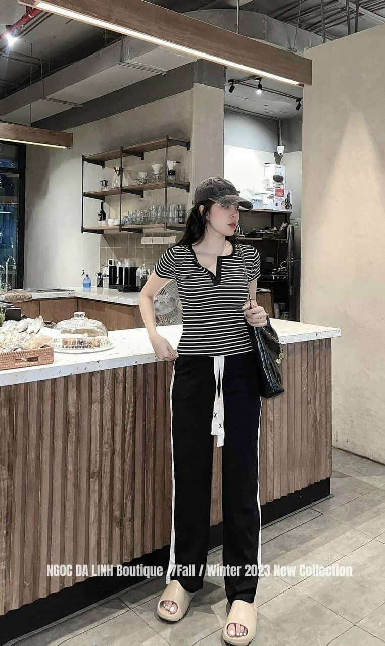 Set bộ thun gân áo sọc ngang mix quần dài suông viền trắng thoải mái, Set đồ bộ nữ thời trang mặc nhà, đi chơi áo sọc quần dài suông viền trắng, Set thời trang hottrend áo sọc mix quần dài suông dây rút MTB