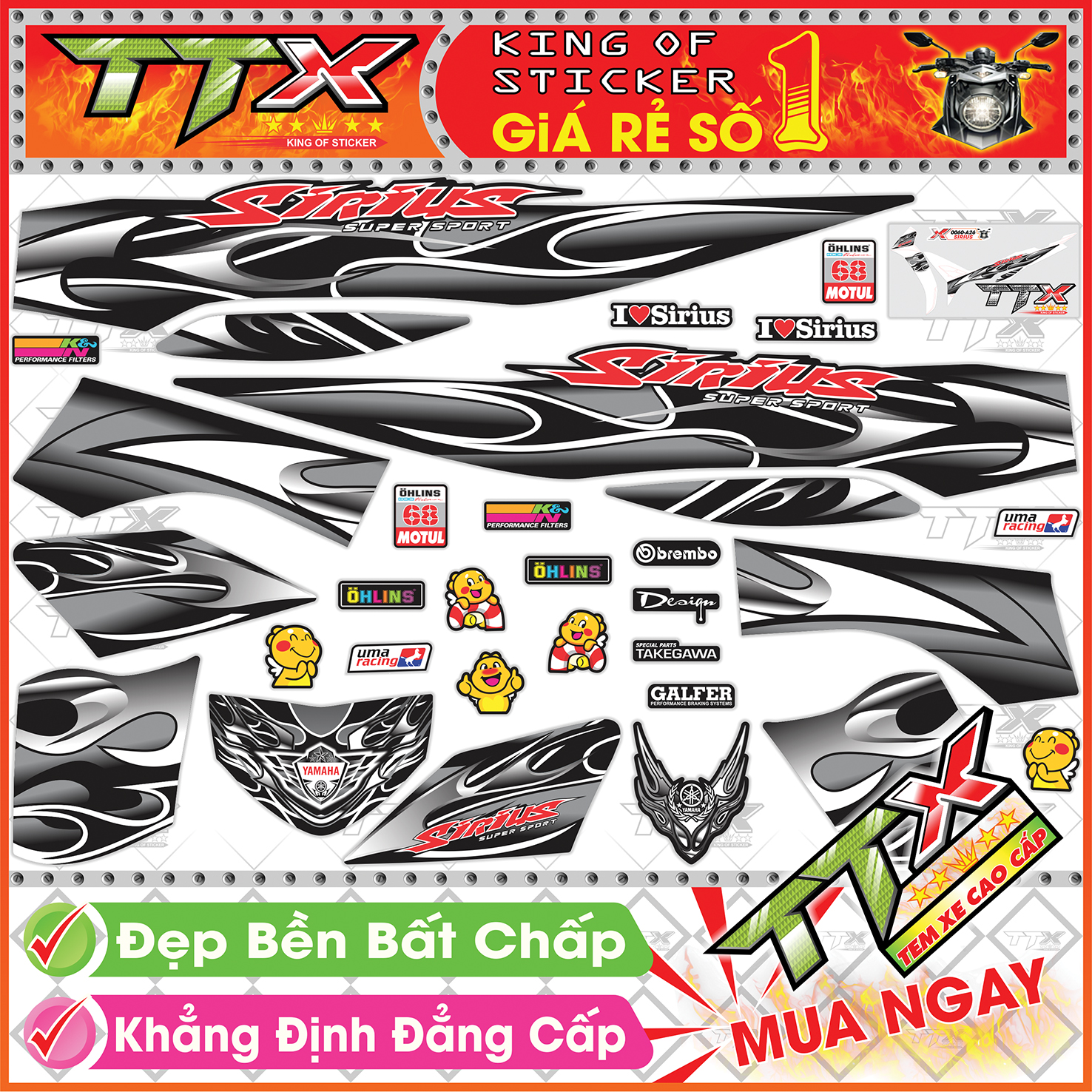 Tem xe sirius đen xám trắng lửa siêu đẹp - tem sirius lửa trắng đen hót - mẫu team sirius đen xám trắng