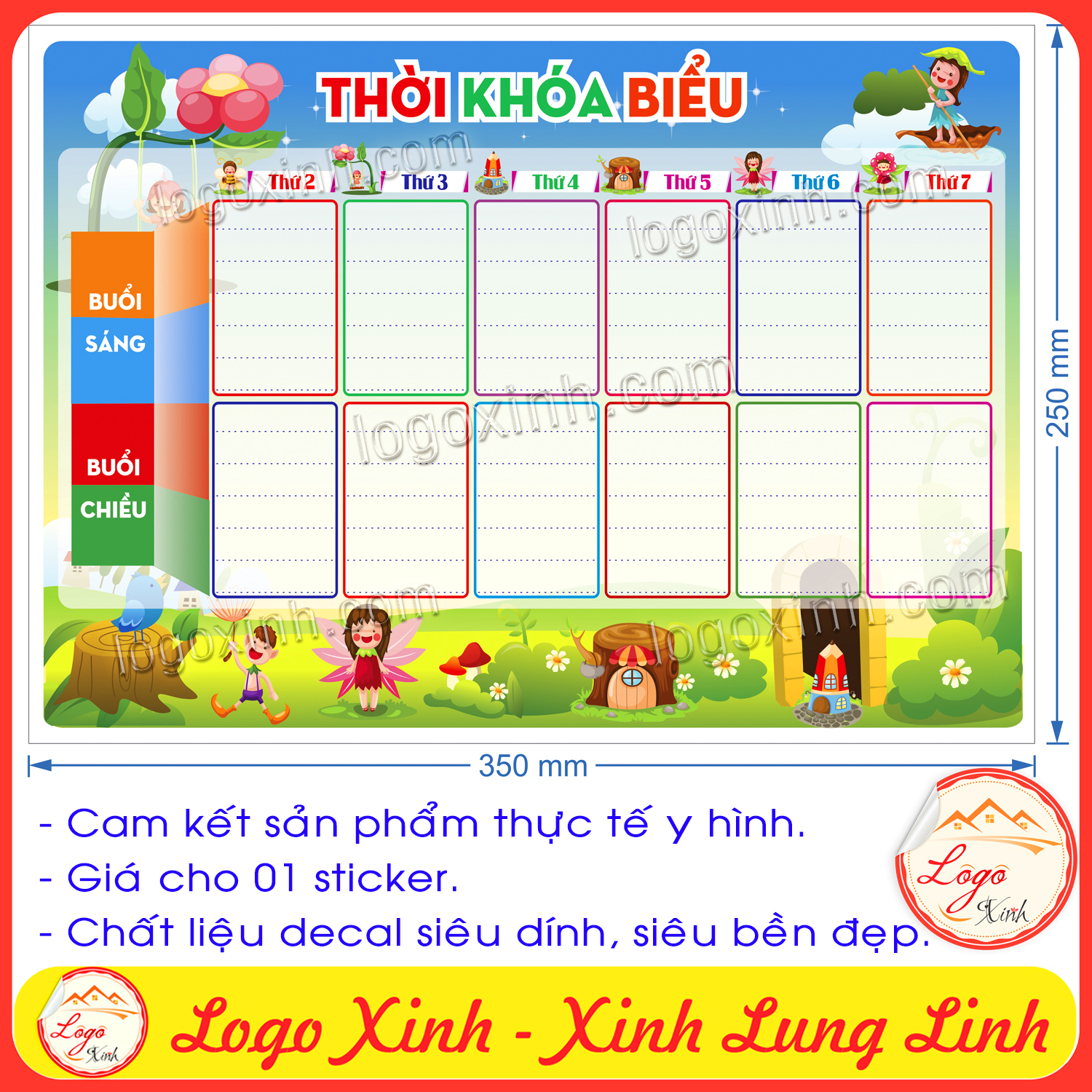 Thời khóa biểu dành cho bé lớp tiểu học, dạng decal dán trực tiếp có keo sẵn, thời khóa biểu môn học lớp 1, lớp 2....