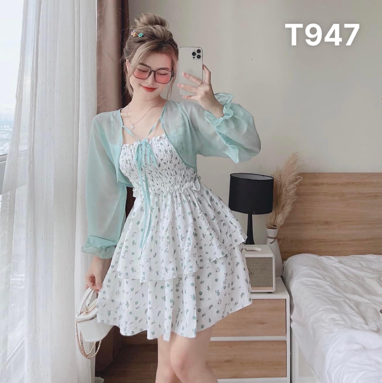 Đầm voan hoa nữ 2 dây cổ cột dây công chúa dáng xoè xếp tầng kèm áo khoác gân ngoài đi biển dạo phố T947