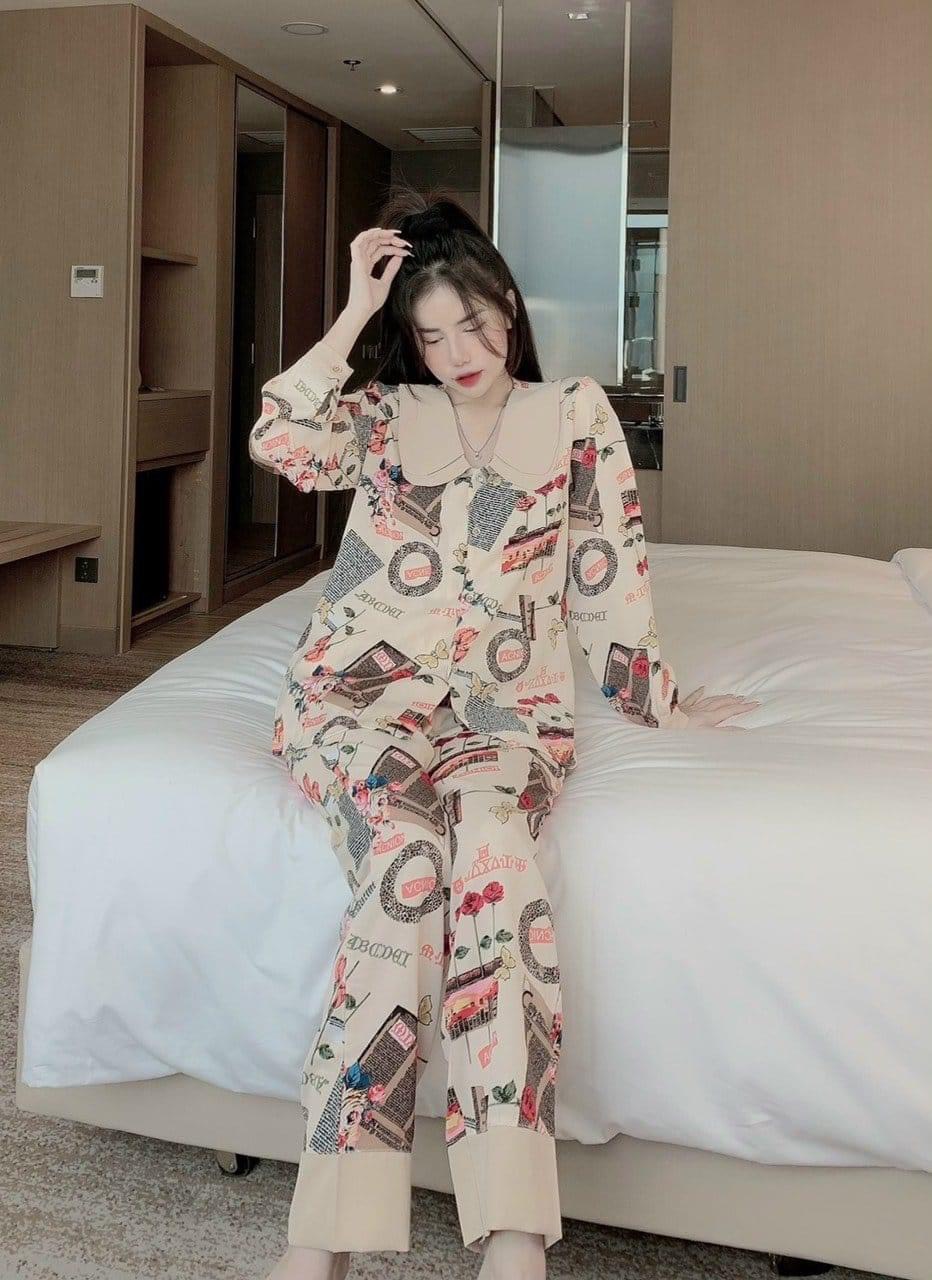 Bộ pijama tay dài quần dài cổ sen