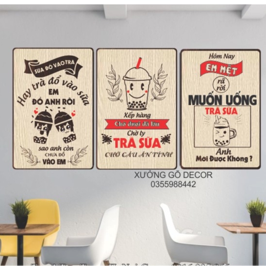 Sét 3 Tranh Trang Trí Quán Trà Sữa, Coffee Bằng Gỗ