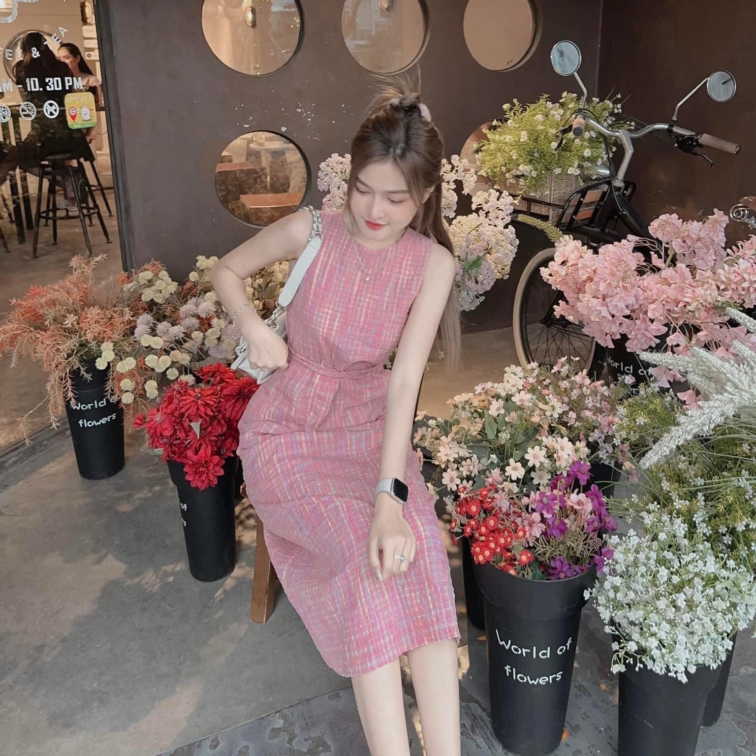 Đầm suông caro màu hồng cột dây nơ dễ thương, váy basic cổ tròn style Hàn Quốc thanh lịch tiểu thư