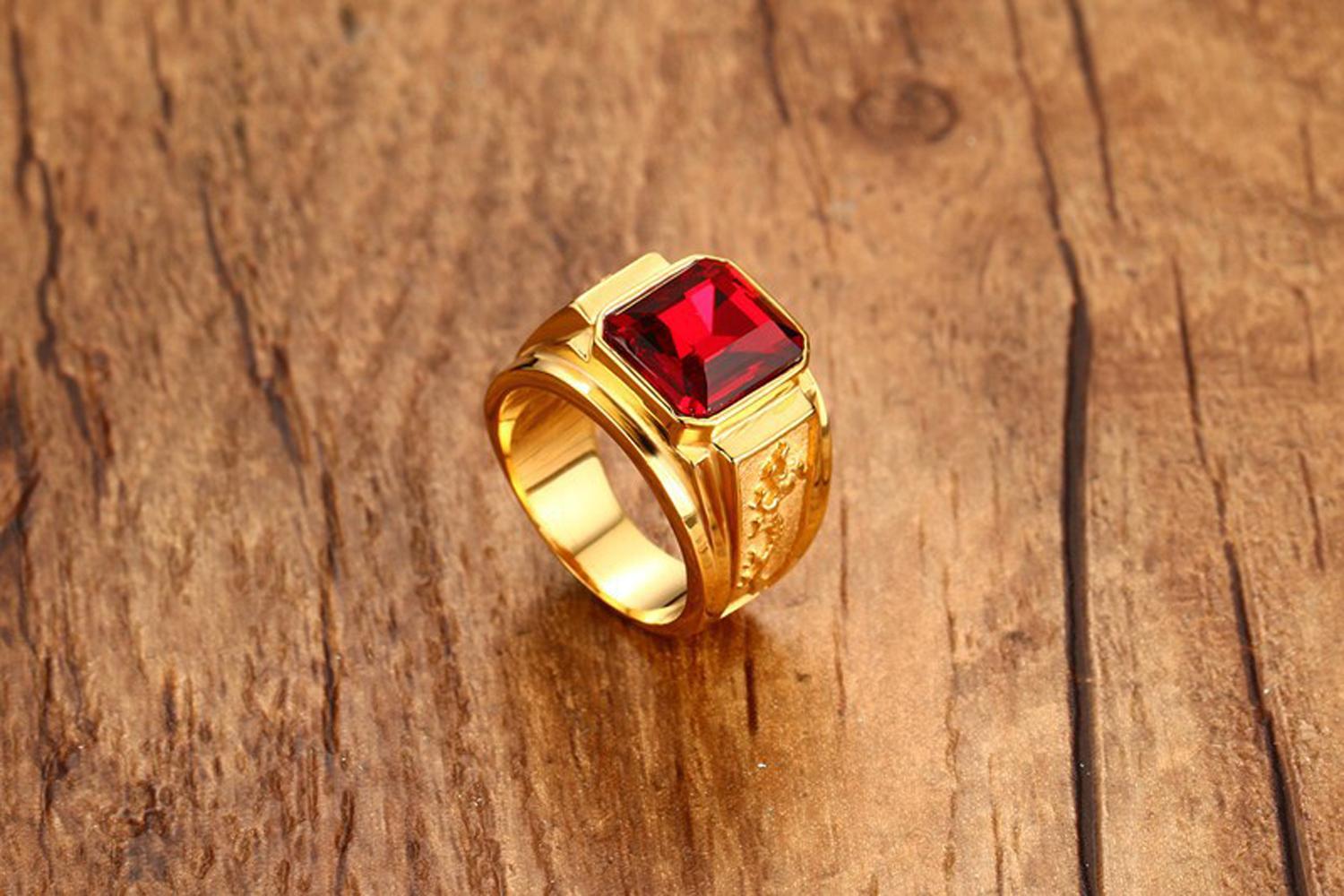 Nhẫn nam thời trang chạm rồng mạ vàng 24k, mặt đá Xanh Lá or Đỏ  -  Tặng Kèm Hộp + Phiếu Bảo Hành  12 Tháng - Thương Hiệu KJ - nhẫn nam đẹp, nhẫn nam mạ vàng