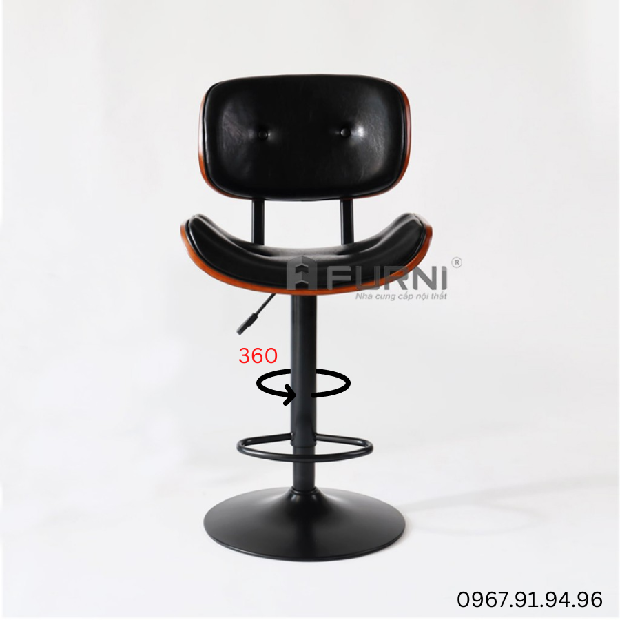 Ghế bar xoayghế quầy đảo bếp lưng ốp gỗ nệm da PU cao cấp chân tăng