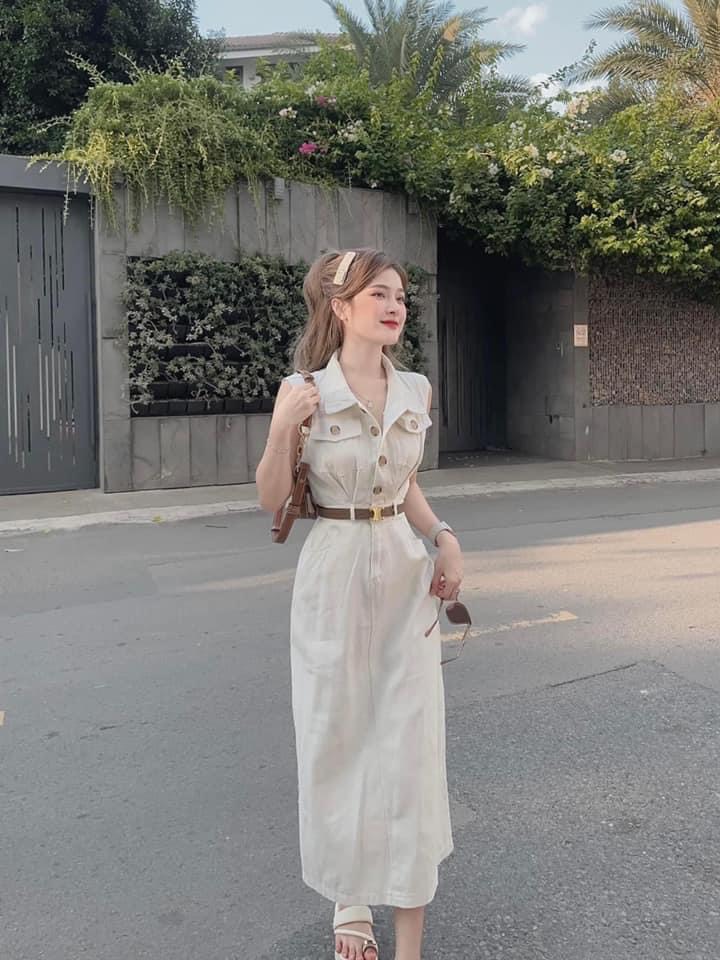 Đầm kaki cổ áo sơ mi cài nút kèm đai nịt, váy suông dài cổ bẻ đơn giản phong cách Hàn Quốc