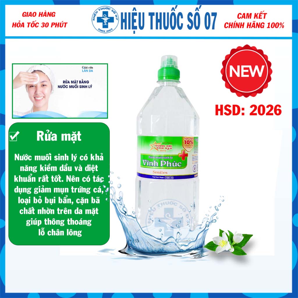 Nước Muối Sinh Lý Vĩnh Phúc Natri Clorid 0.9% Rửa Mũi Sát Khuẩn Chai 1000ml