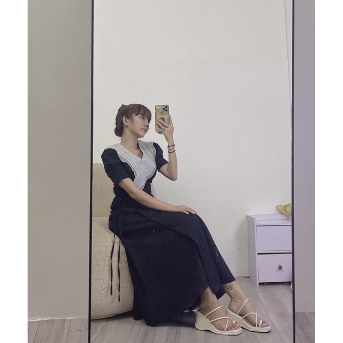 Đầm midi cổ voan bèo đắp chéo ( Có Bigsize )