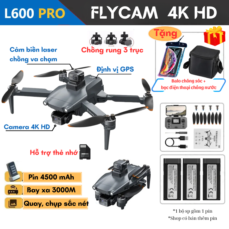Flycam L600 Pro - Drone Camera 4K - Máy bay flycam điều khiển từ xa chốn rung 3 trục, cảm biến tránh va chạm, định vị G.P.S