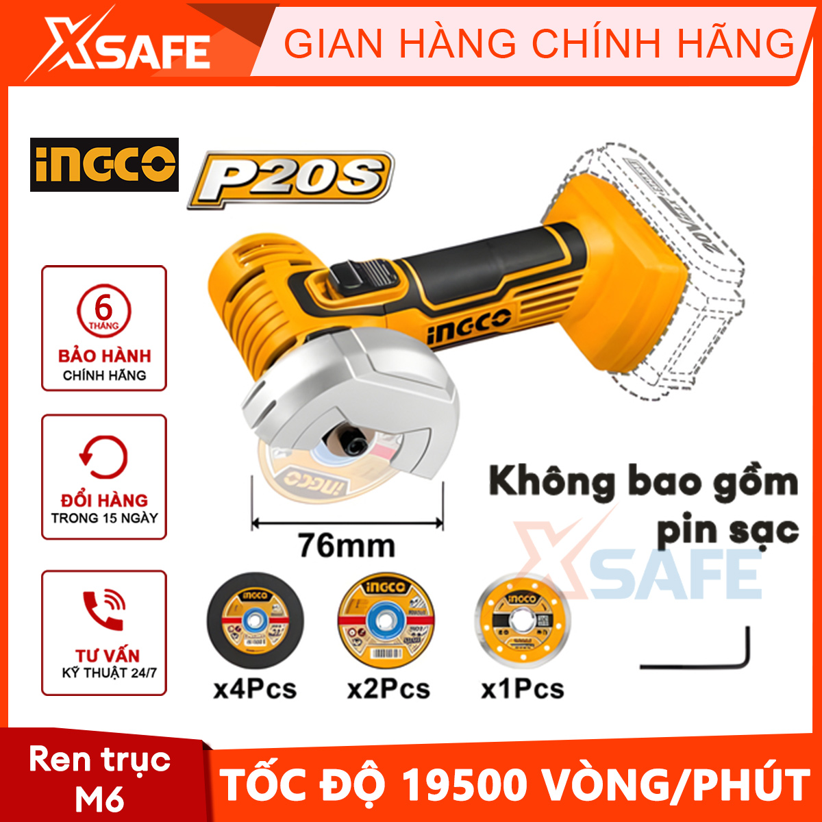 Ingco new 6 months warranty 19500 rpm/min spindle no-load battery angle grinder with 6 grinding discs
