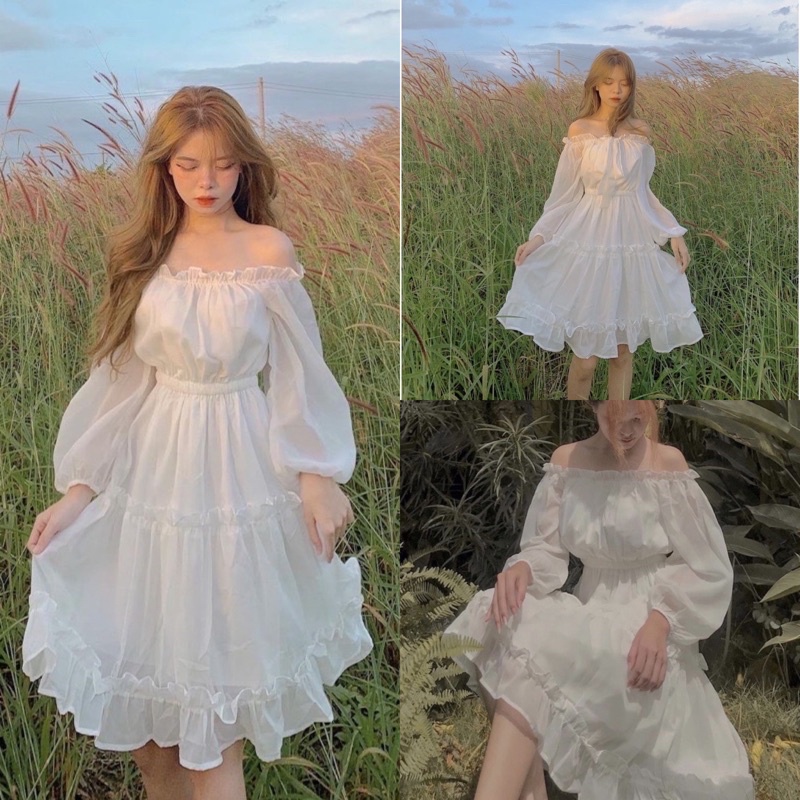 Order Đầm trắng trễ vai công chúa tay bồng bánh bèo Váy ren trắng dáng  xoè  HolCim  Kênh Xây Dựng Và Nội Thất