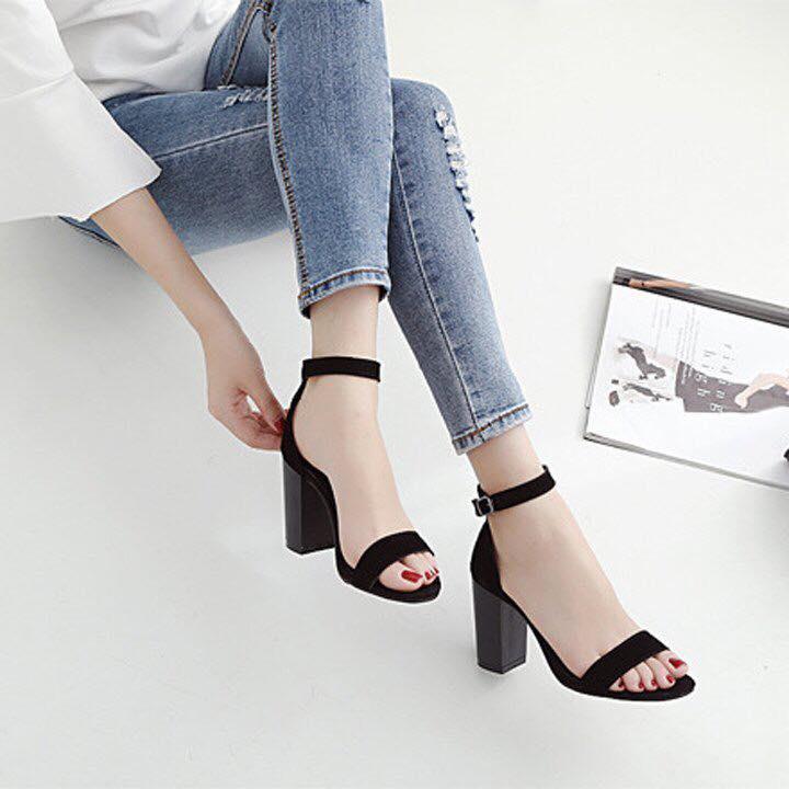 Giày sandal nữ cao gót vuông 7p bản ngang phong cách đơn giản - SD13
