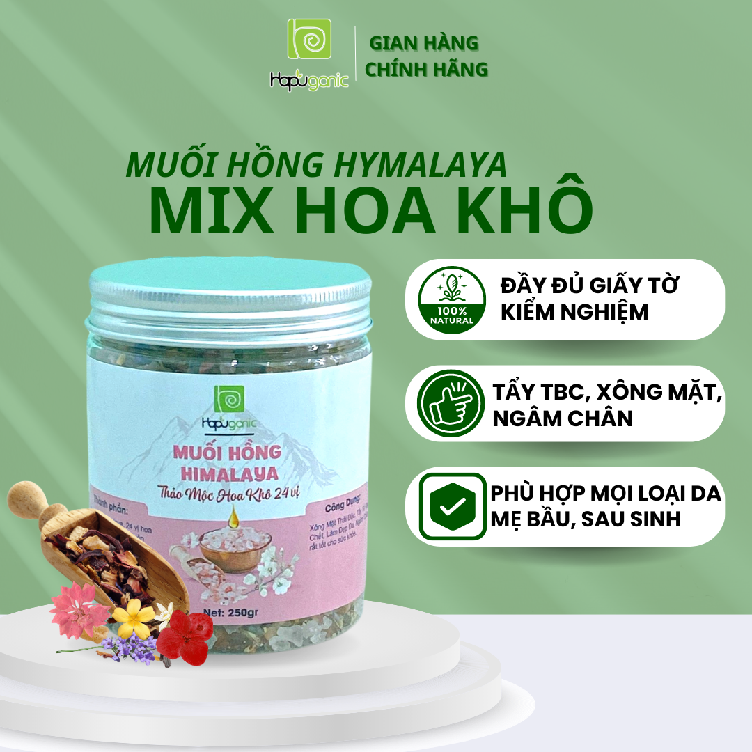 Muối Hồng Himalaya Thảo Mộc 24 Vị Ngâm Chân Xông Mặt Tắm Bồn Hapuganic Hộp 500g