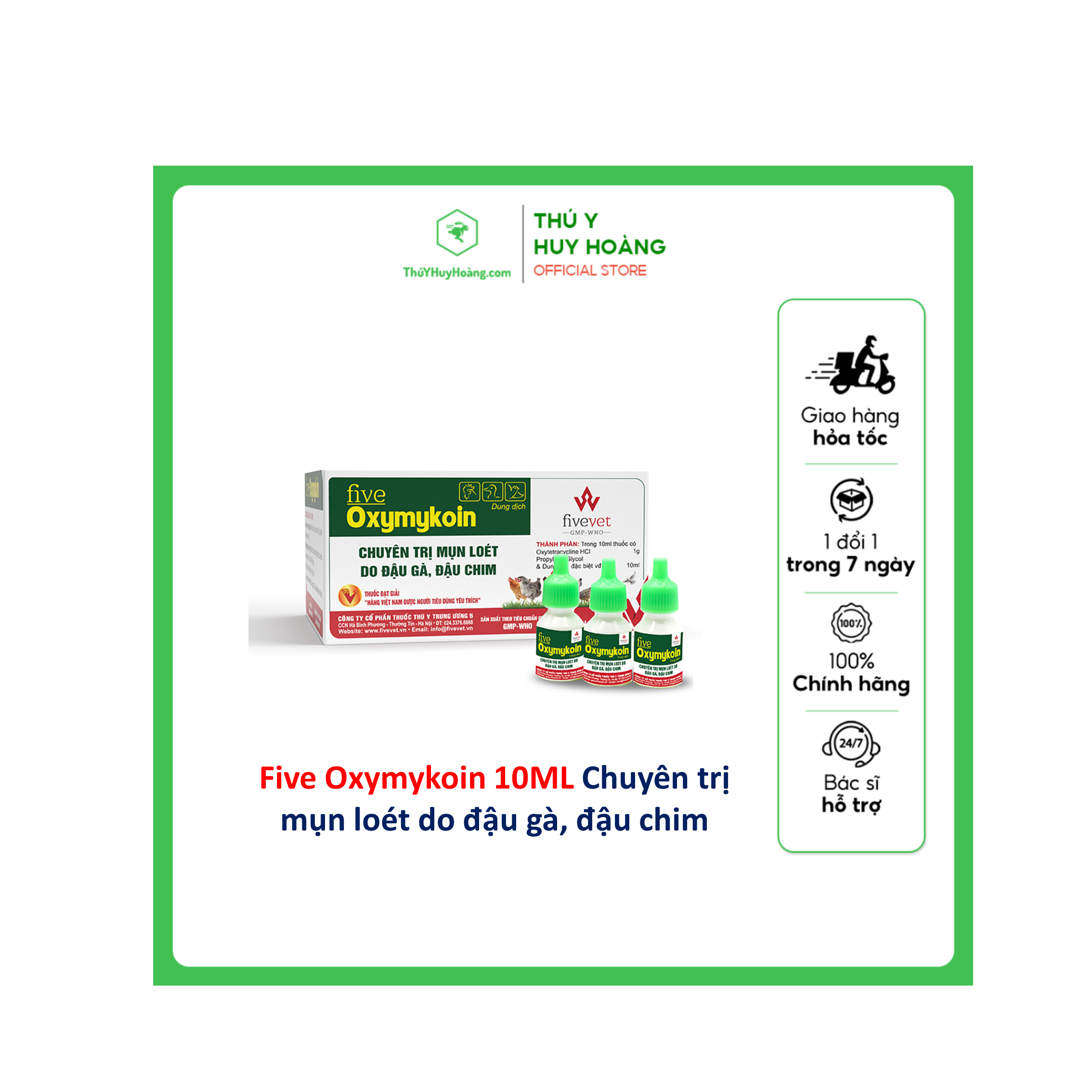 Five oxymykoin chai 10ml đậu gà đậu chim tiêu chảy phân xanh phân trắng