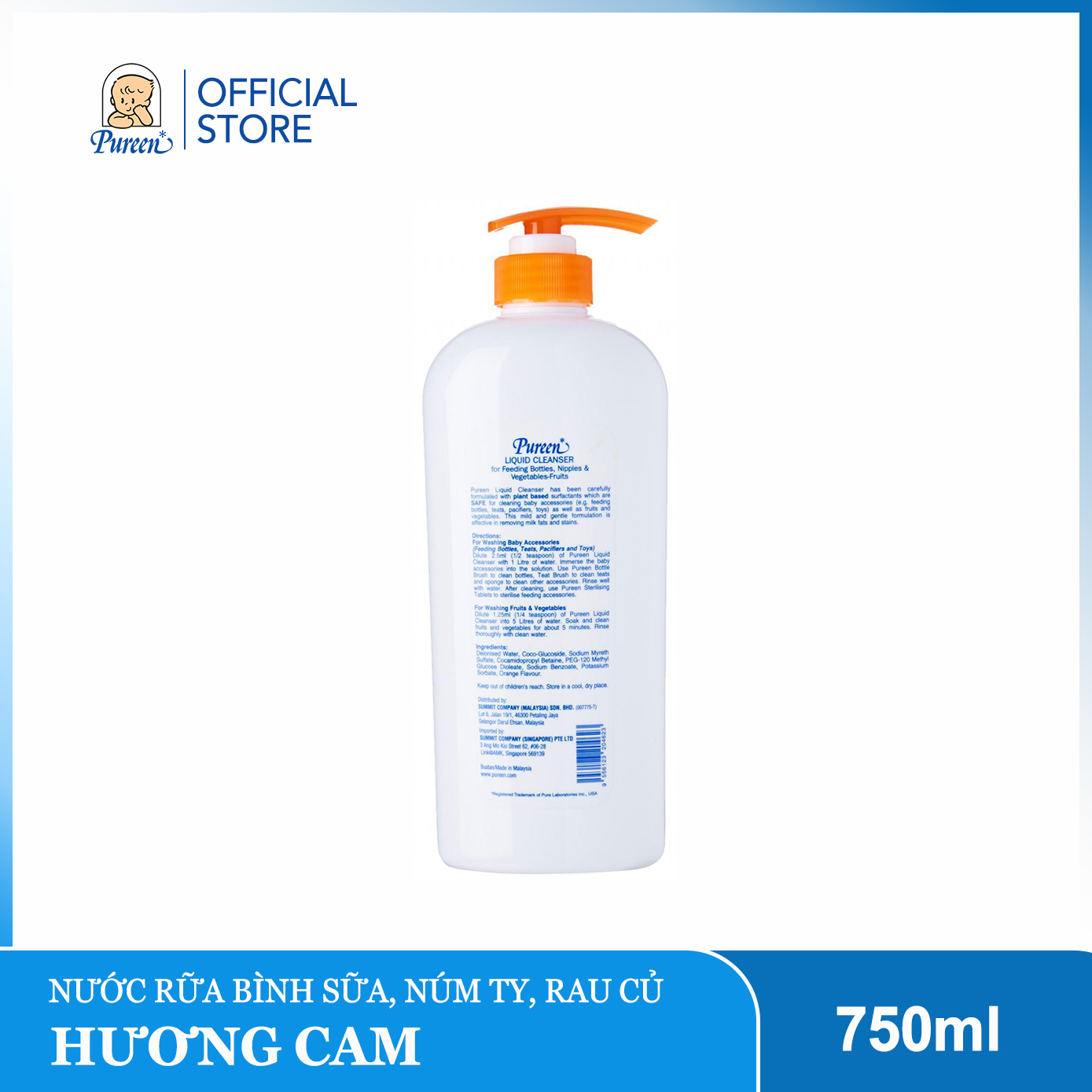 Nước rửa bình sữa, núm ty & rau củ Pureen hương Cam - An toàn cho Bé - 750ml