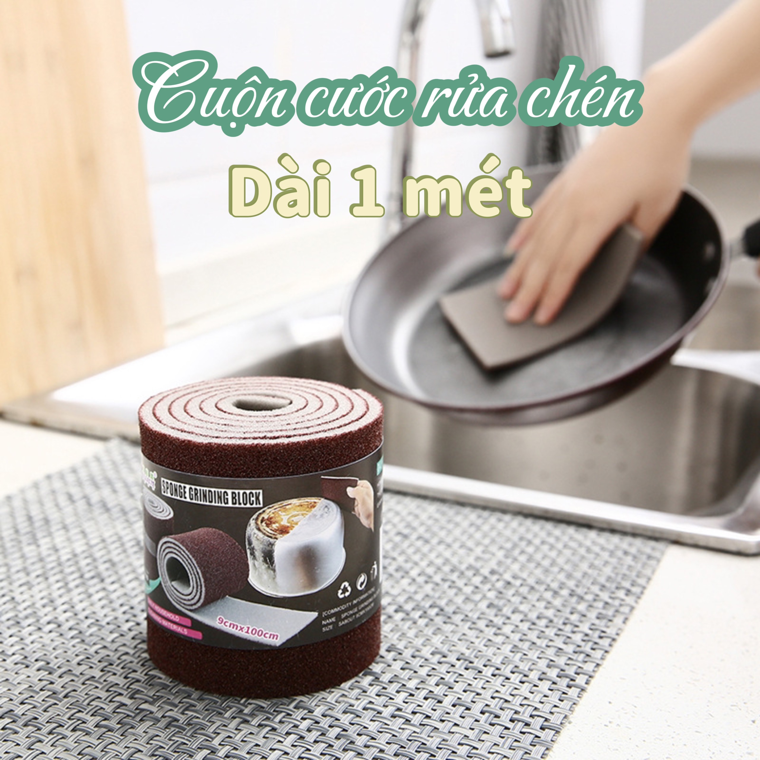 Cuộn rửa chén, cọ xoong nồi 2 mặt chống xước đa năng 9x100cm, bọt biển rửa chén, miếng cước, miếng rửa chén, miếng cước chùi chén, miếng bọt biển rửa chén, miếng mút bọt biển rửa chén, miếng rửa chén nhà bép