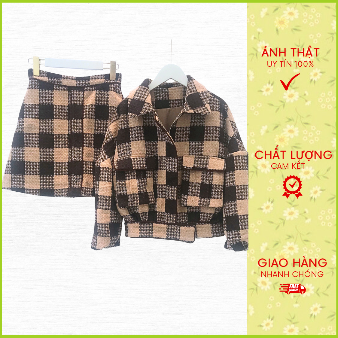 Set dạ bomber cá tính kẻ nâu