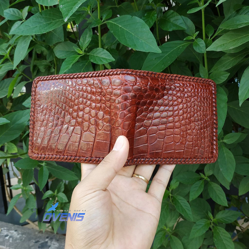 [FREE SHIP] Ví Da Bụng Cá Sấu Thật 2 Mặt Đan Viền Cao Cấp by Ovenis