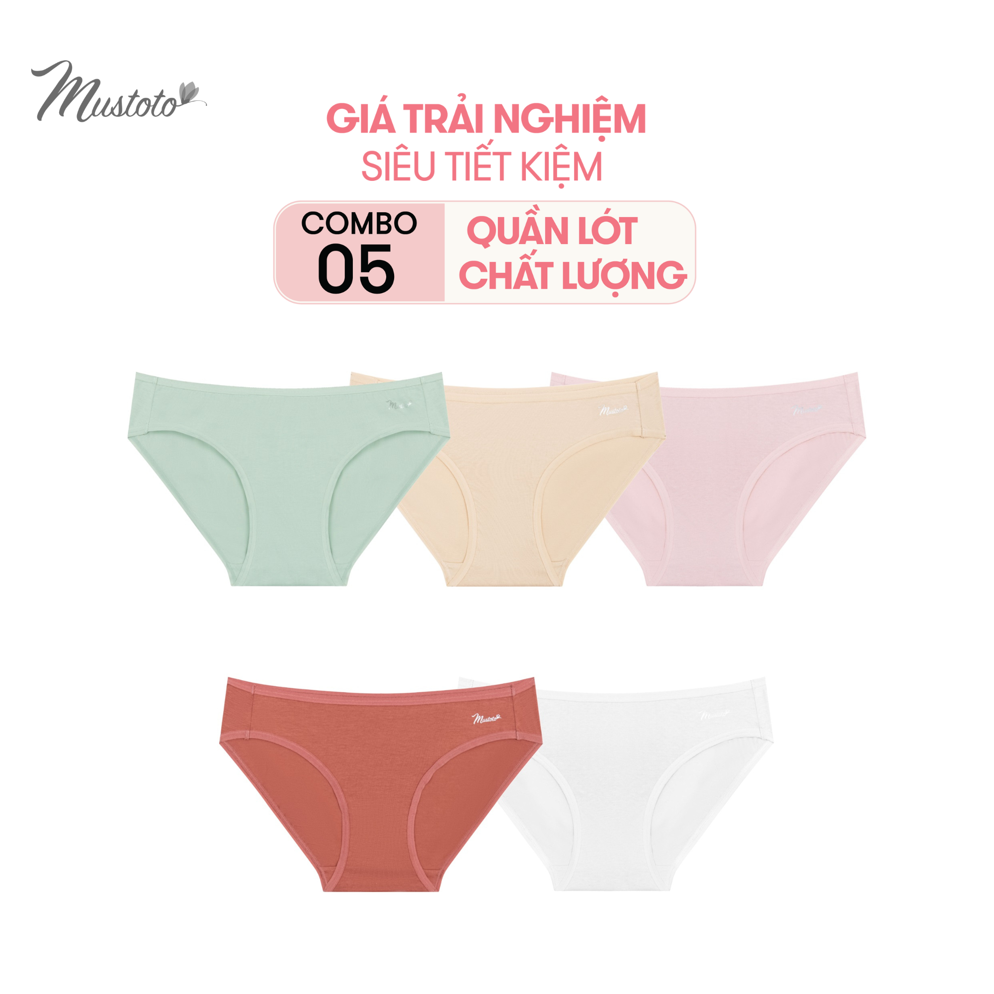 Combo 5 Quần Lót Nữ 100% Cotton Lưng Thấp Thấm Hút (Mustoto MQ29)