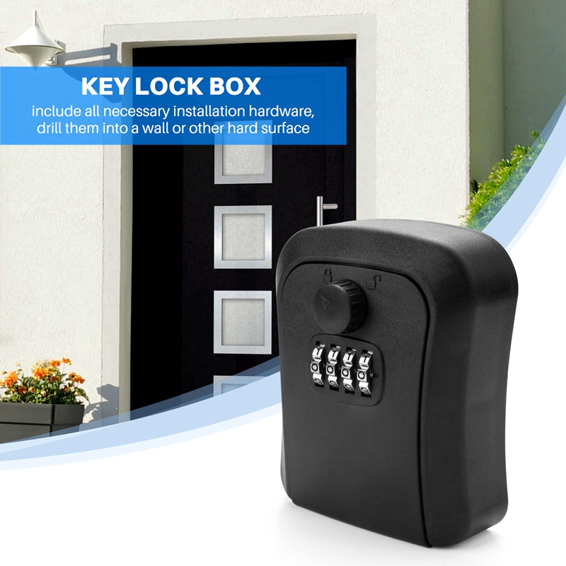 Key Lock Box, Wall-Mounted Zinc Alloy Key Box Weatherproof 4-Digit Combination Key Storage Lock Box
