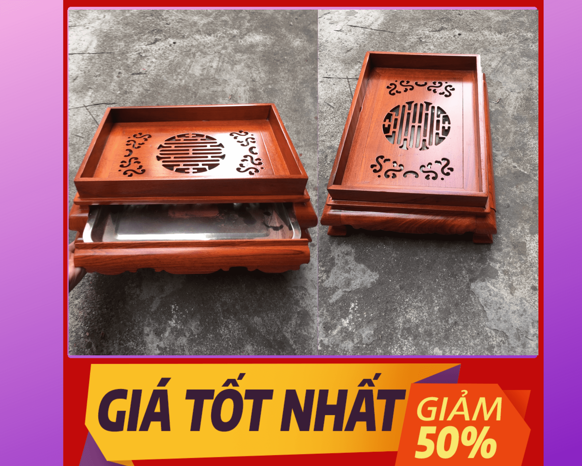 Khay trà chân quỳ gỗ hương hàng trơn