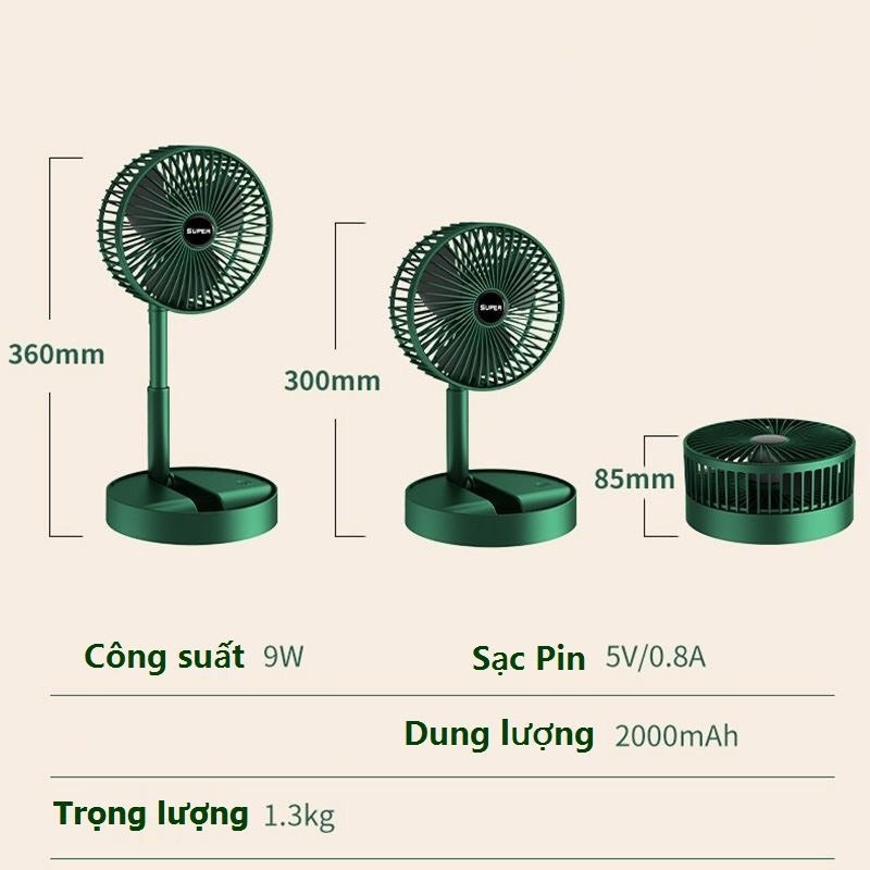 Quạt mini tích điện để bàn gấp gọn chính hãng SUPER , 3 chế độ gió, chỉnh được độ cao, quạt tích điện cầm tay sử dụng 6 - 8 tiếng, bảo hành 6 tháng