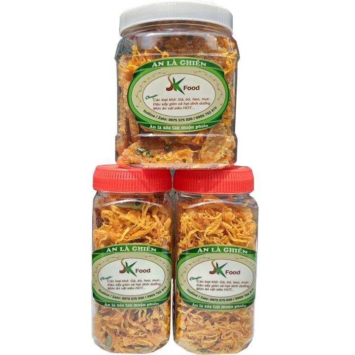 [HCM]Combo Siêu Ngon: 2 Hũ Khô Gà Lá Chanh Tổng 400G Và Hũ Cơm Cháy Lắc Khô Gà 300G Hiệu SK FOOD