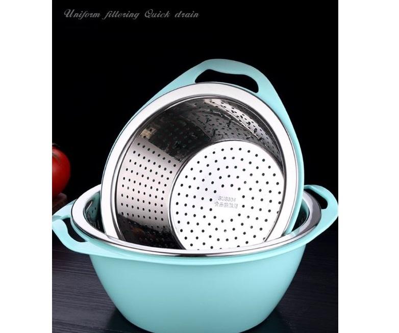 Bộ thau rổ đựng rau củ ( Rổ Inox 304 thau nhựa  ) - 27x10cm ( ĐK : 23cm )