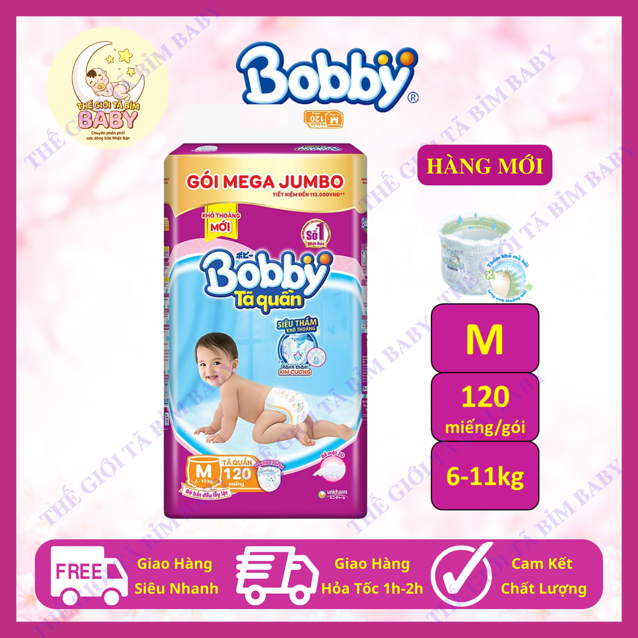 [HÀNG MỚI] Tã Quần Bobby Mega Jumbo size M 120 miếng