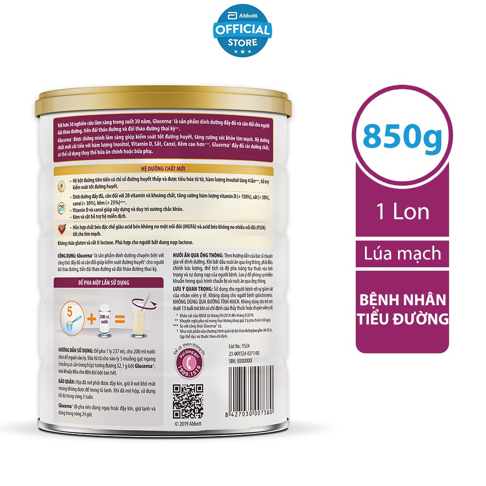 Lon sữa bột Abbott Glucerna Hương Lúa mạch 850gram