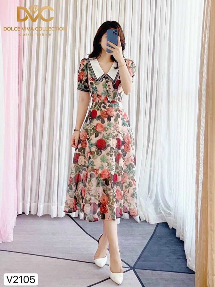 Đầm voan lụa họa tiết in hoa dáng xòe bèo ngắn tay lỡ công sở siêu xinh lt shop đầm cc
