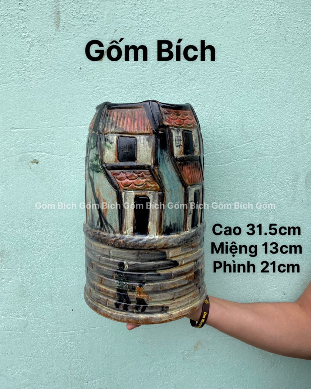 Bình hoa lọ hoa khắc nổi phố cổ gốm sứ bát tràng - gốm bích