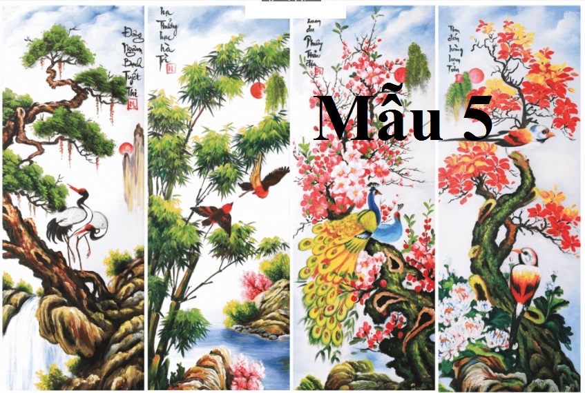 [Freeship] [Mẫu 5] Tranh dán tường 3D Tứ Quý Tùng Cúc Trúc Mai với 3 kích thước lựa chọn